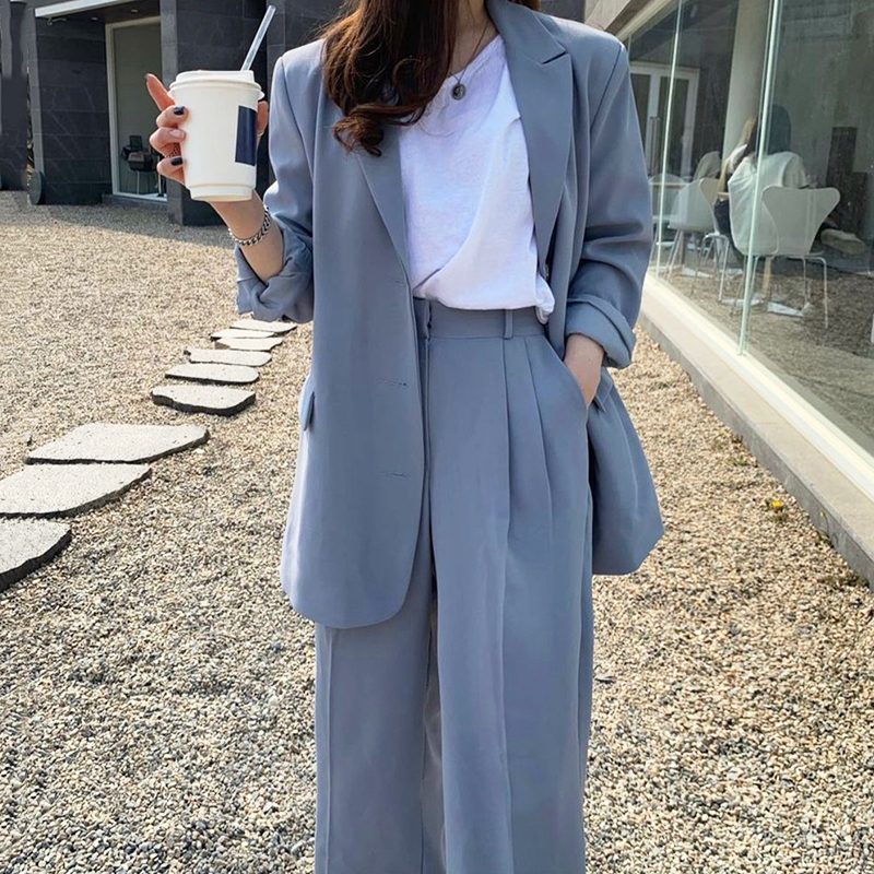 Bộ Áo Khoác Blazer + Quần Dài Lưng Cao Ống Suông Cá Tính Trẻ Trung