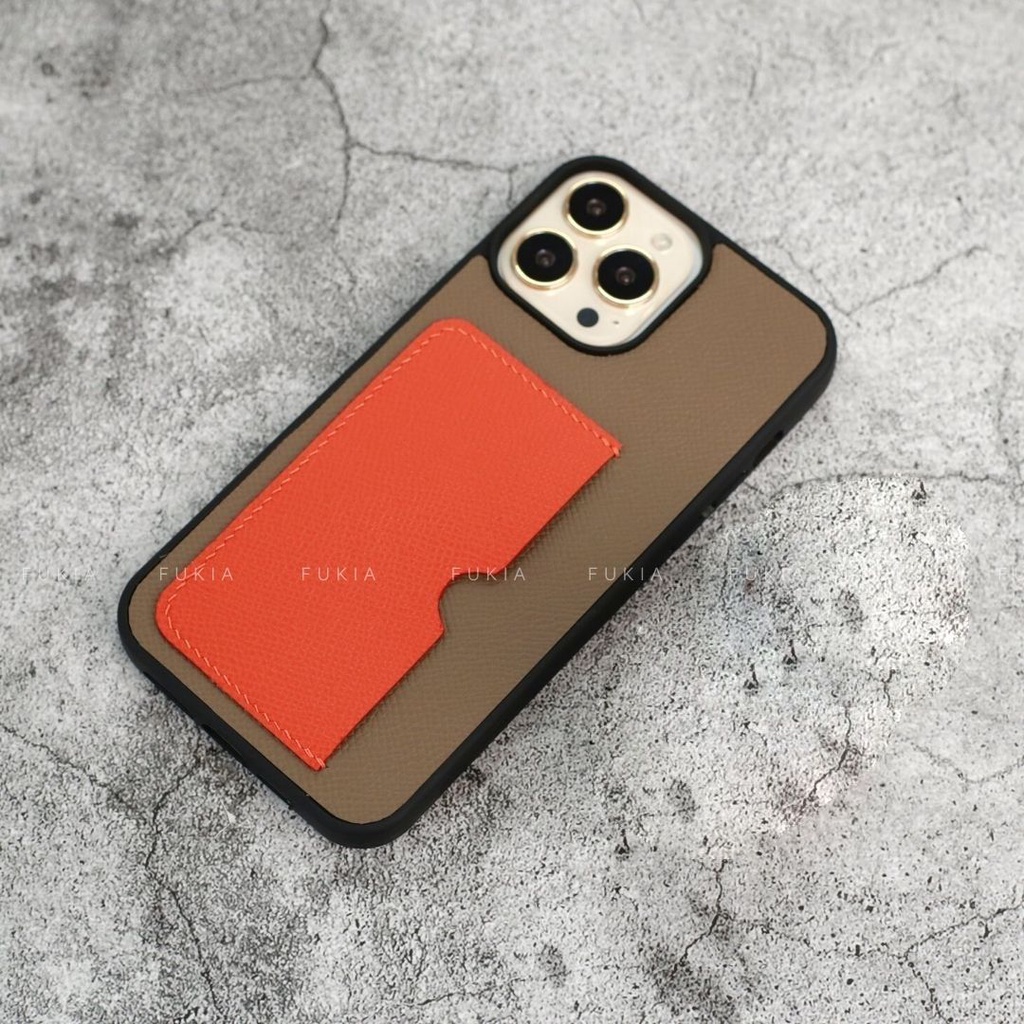 Ốp da thủ công viền đen khe thẻ ngang mix màu Epsom cho IPhone 14/14Plus/14Pro/14Promax/13/13Pro/13Promax/12prm ODTC141