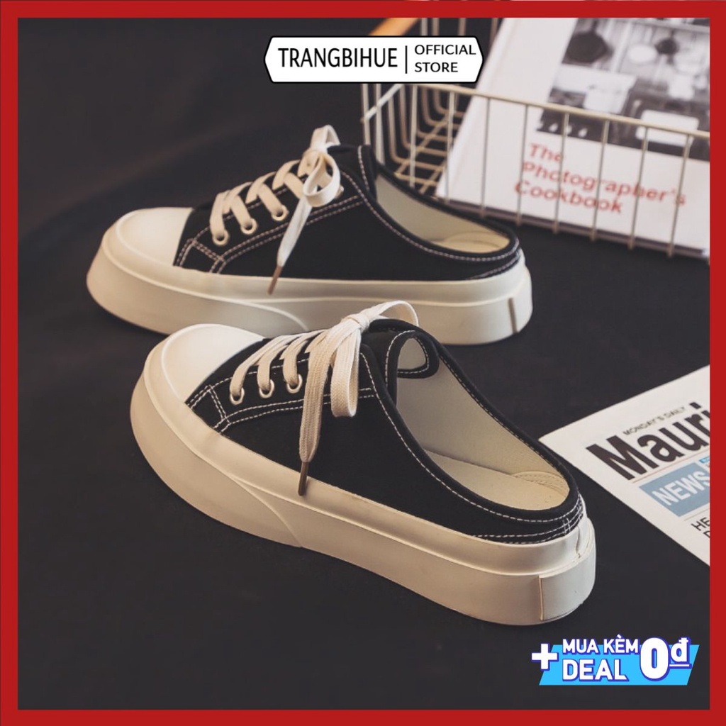 Giày Sục Ulzzang dây buộc thể thao nữ đế bánh mì vải mềm màu đen trắng năng động trẻ trung hot trend đẹp