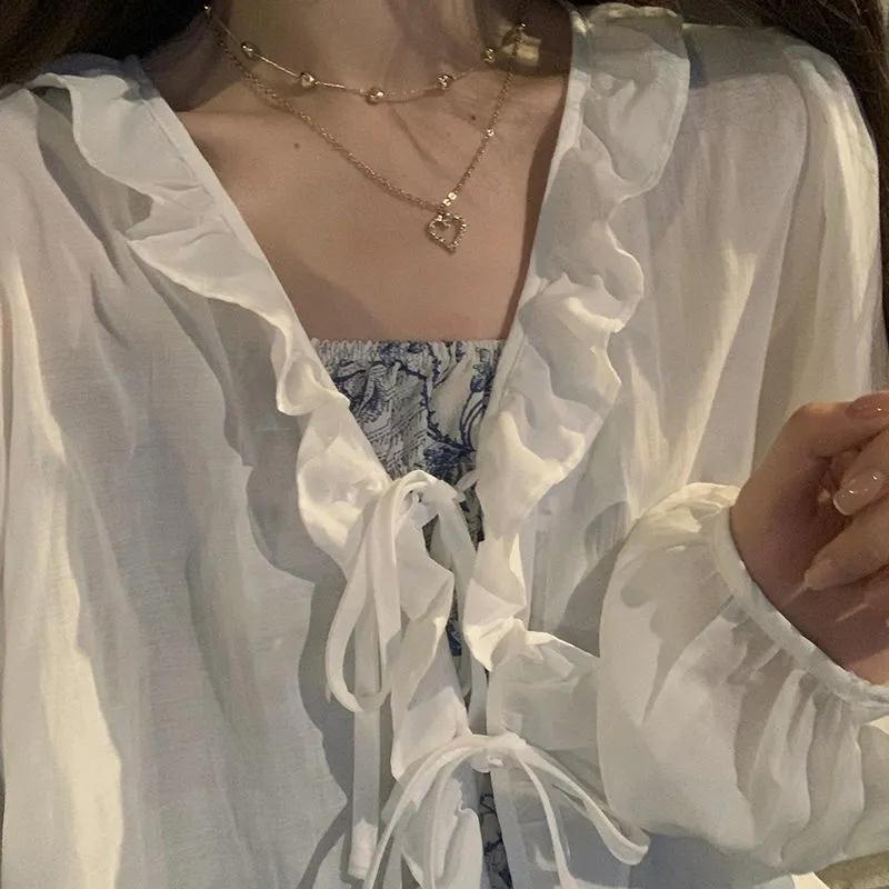 Bộ Áo Khoác cardigan Chống Nắng + Áo Hai Dây Họa Tiết Hoa Nhỏ Tươi Mới Cho Nữ