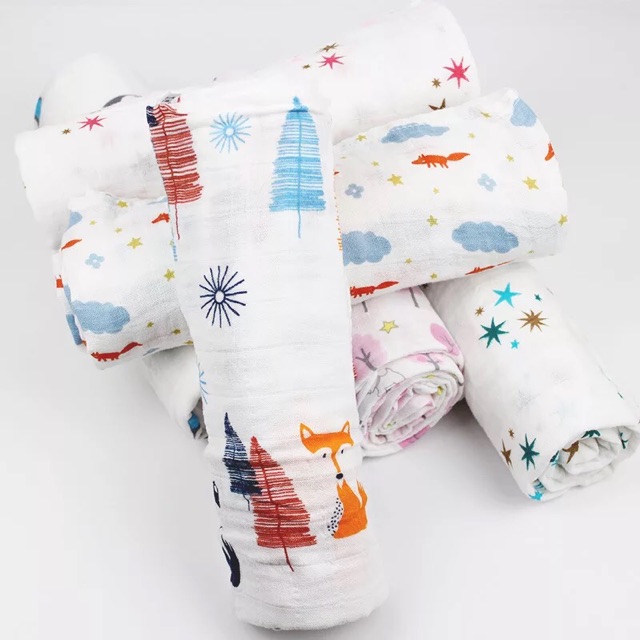 Khăn hoa văn Muslin swaddle Sợi tre trắng ( màu) cho bé