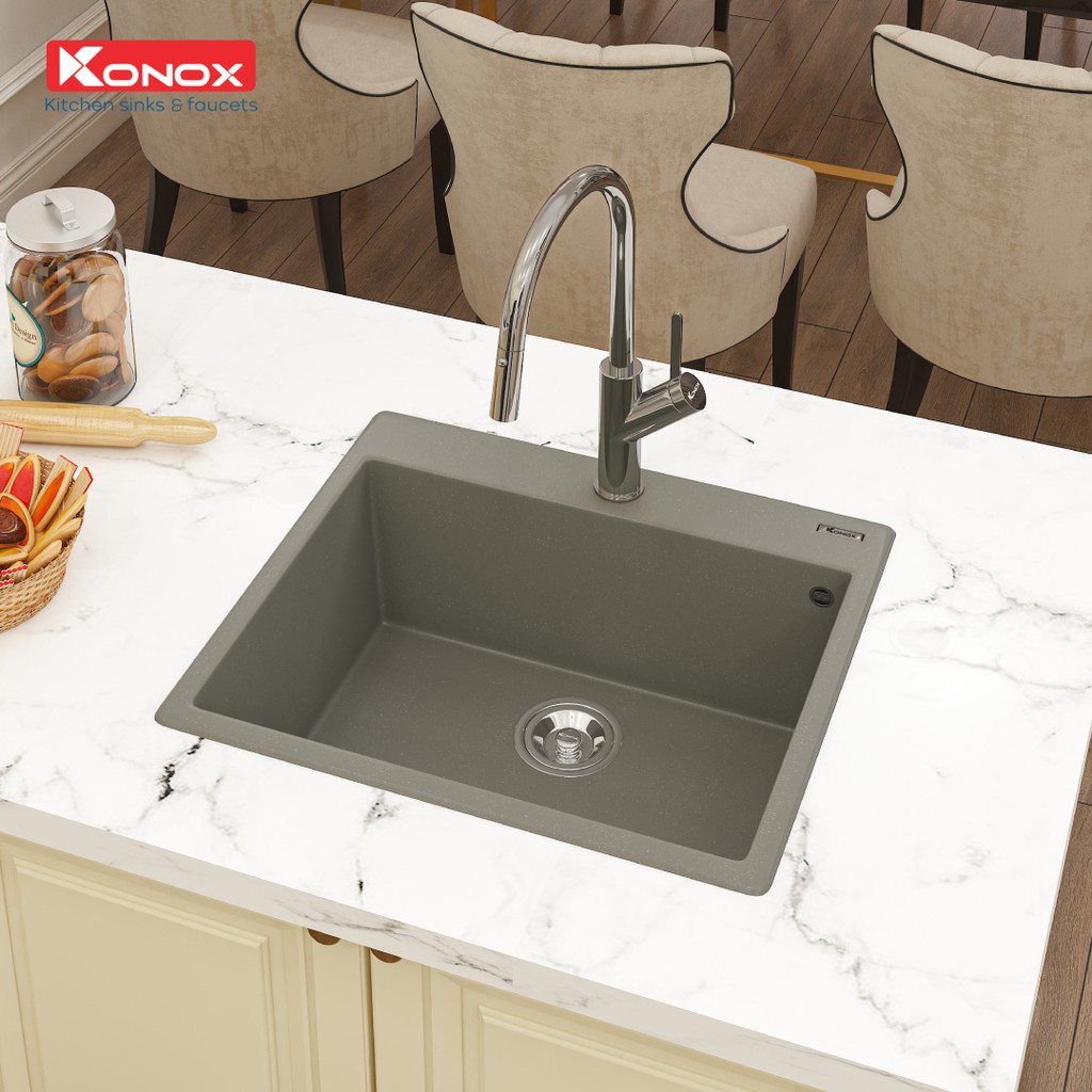 Chậu rửa bát đá KONOX Granite Series Ruvita 680 Grey, Made in Italy, Full set gồm Siphon + Giá úp bát inox