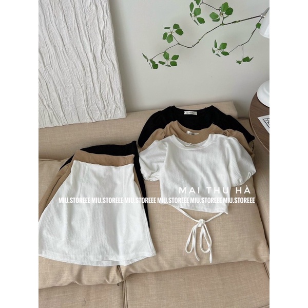 SET TĂM SÓNG ÁO CROPTOP BUỘC DÂY NƠ TAY BỒNG KÈM CHÂN VÁY DÁNG CHỮ A STSACV