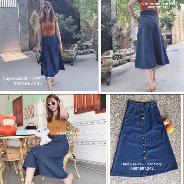 [Ảnh tự chụp] Chân váy jean dài xoè cài nút: 2 màu