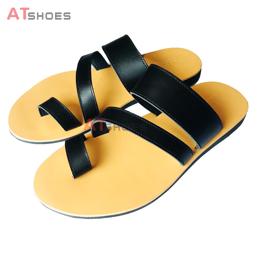 Dép Sandal Dép Xỏ Ngón Da Bò Thật Sandal Xỏ Ngón Nam Nữ Trẻ Trung Đế Caosu Chống Nước XNSG22 (Đen - Đen đế vàng)