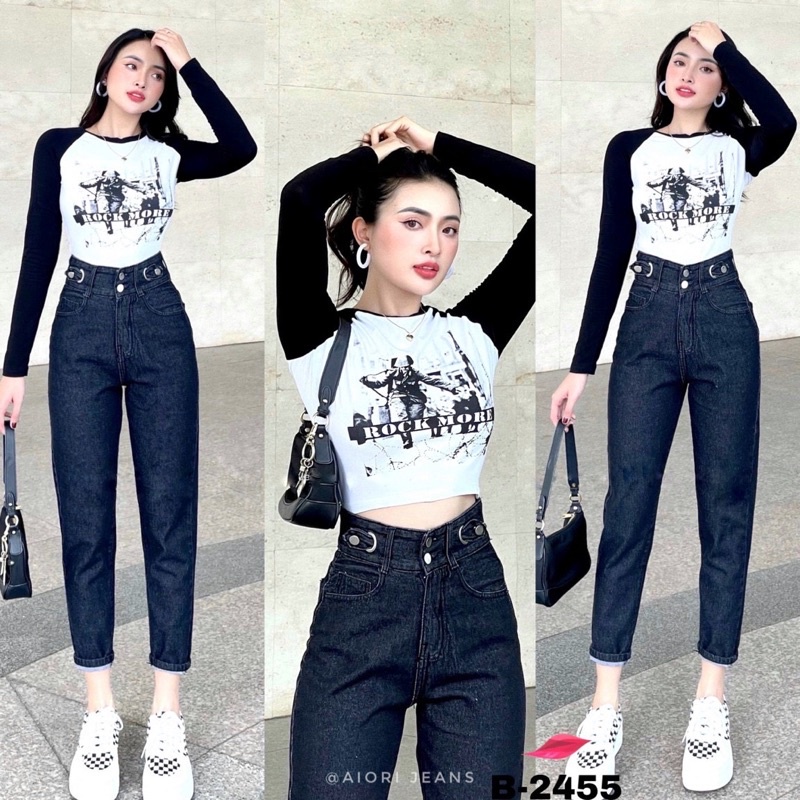 Quần Jeans Nữ, Quần Baggy Lưng Cao 2 Nút Bò Trơn Phong Cách Thời Trang Jeans Cotton Thoáng Mát, Mềm Mịn