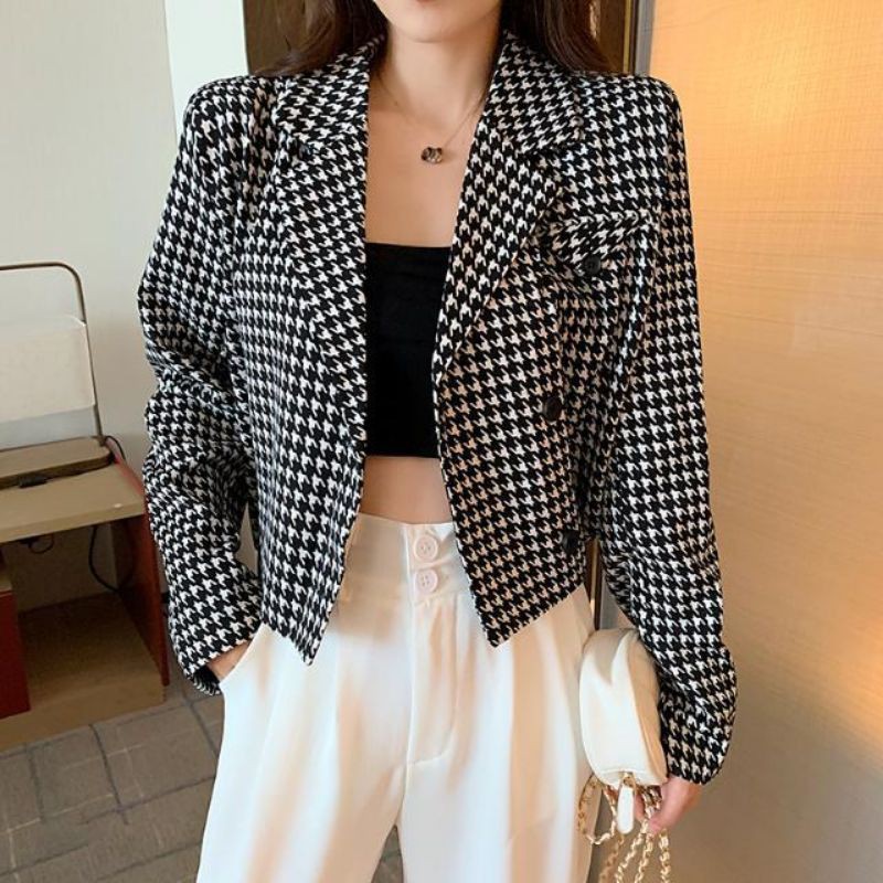 [ORDER] Áo khoác blazer Quảng Châu kẻ caro dáng ngắn thời trang có size cài khuy có lớp lót ( ảnh thật)