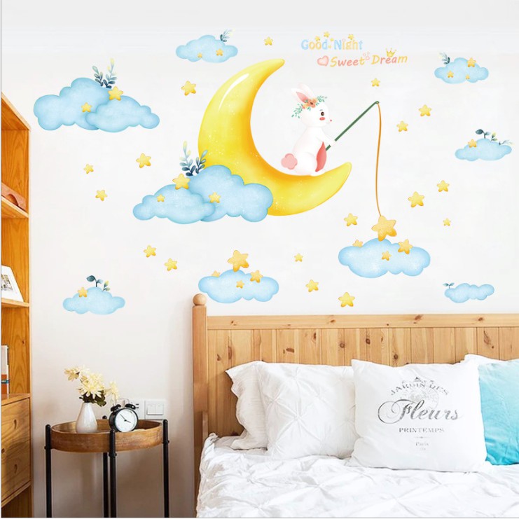 Decal trang trí tường - Mây Xanh và thỏ trắng câu sao Vàng Sweet Dream