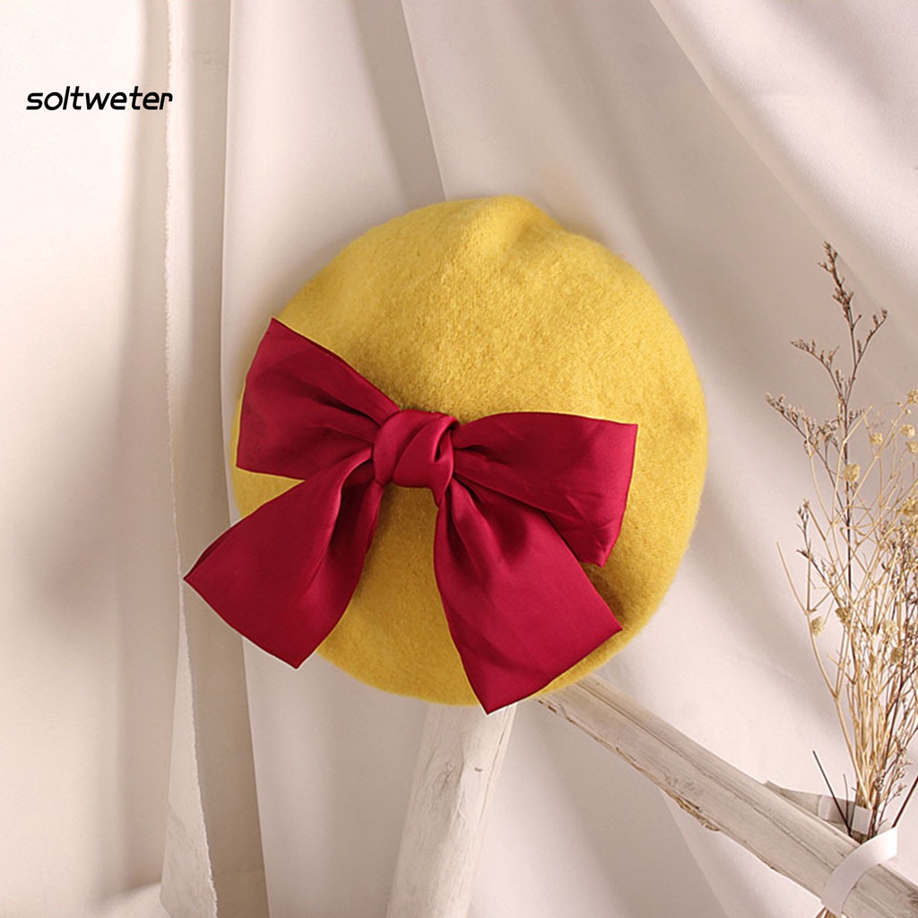 Mũ Beret Len Màu Sắc Trơn Giữ Ấm Cho Bé Gái