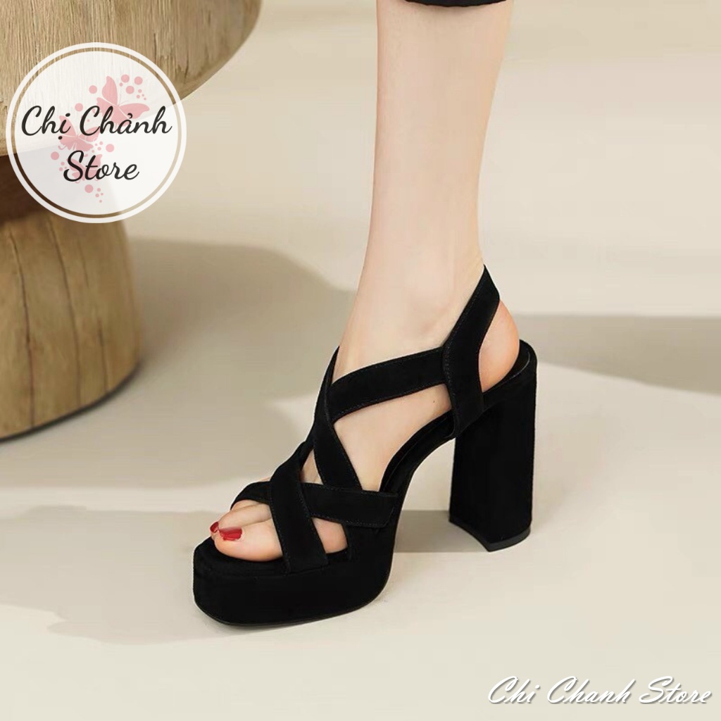 Sandal Cao Gót 12p Mũi Đúp Quai Đan Chéo Chuẩn Form Lên Chân Cực Xinh Giày Cao Gót Nữ Đen Da Lộn, Trắng Da Xi Chi Chanh