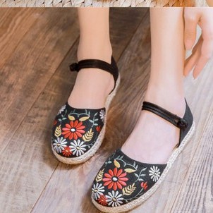 Dép cói phong cách vintage vải canvas thêu hoa lá thổ cẩm đế cao su bền đẹp dễ phối đồ