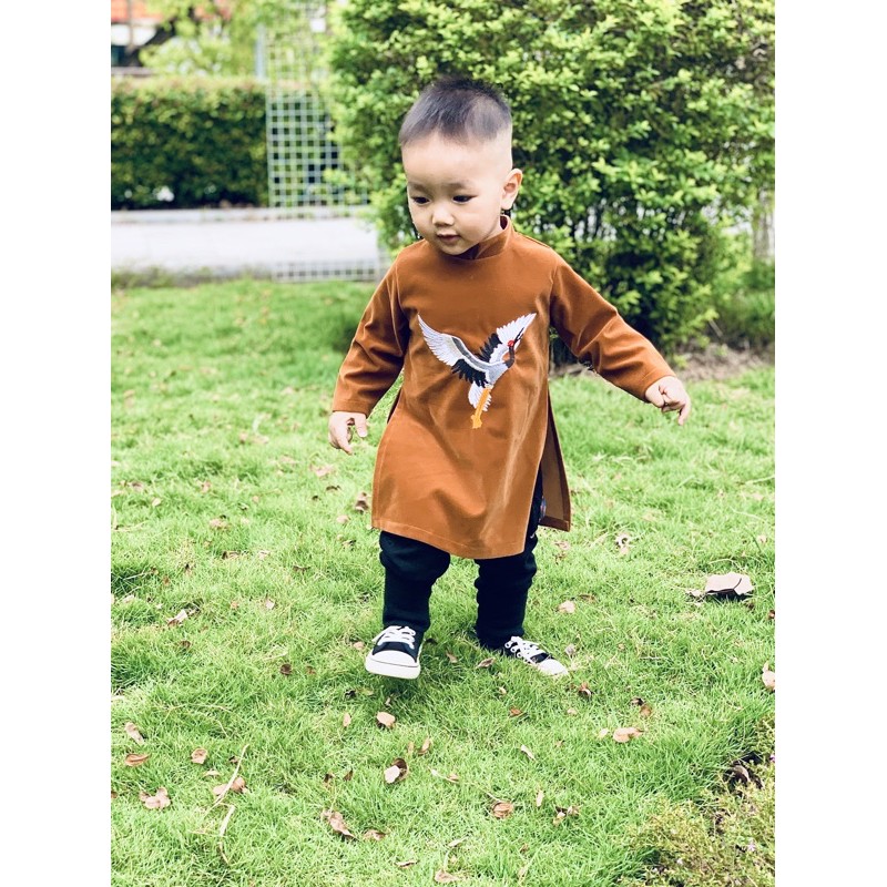 🧧🧧Áo dài nhung Hàn bé trai hoạ tiết hạc