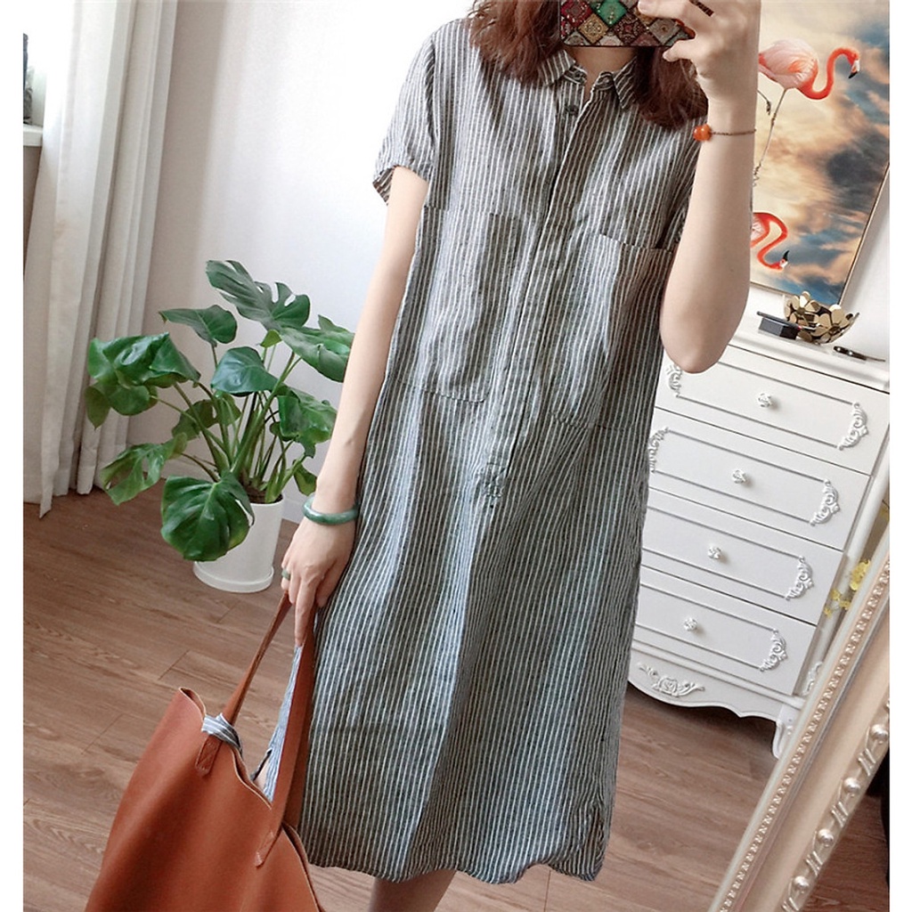 Đầm linen dáng suông cổ sơ mi 2 túi ốp ngực trẻ trung