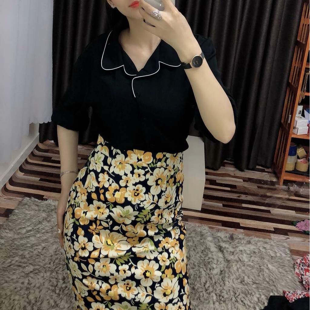 Chân váy hoa công sở chất kaki co dãn nhẹ màu vàng | BigBuy360 - bigbuy360.vn