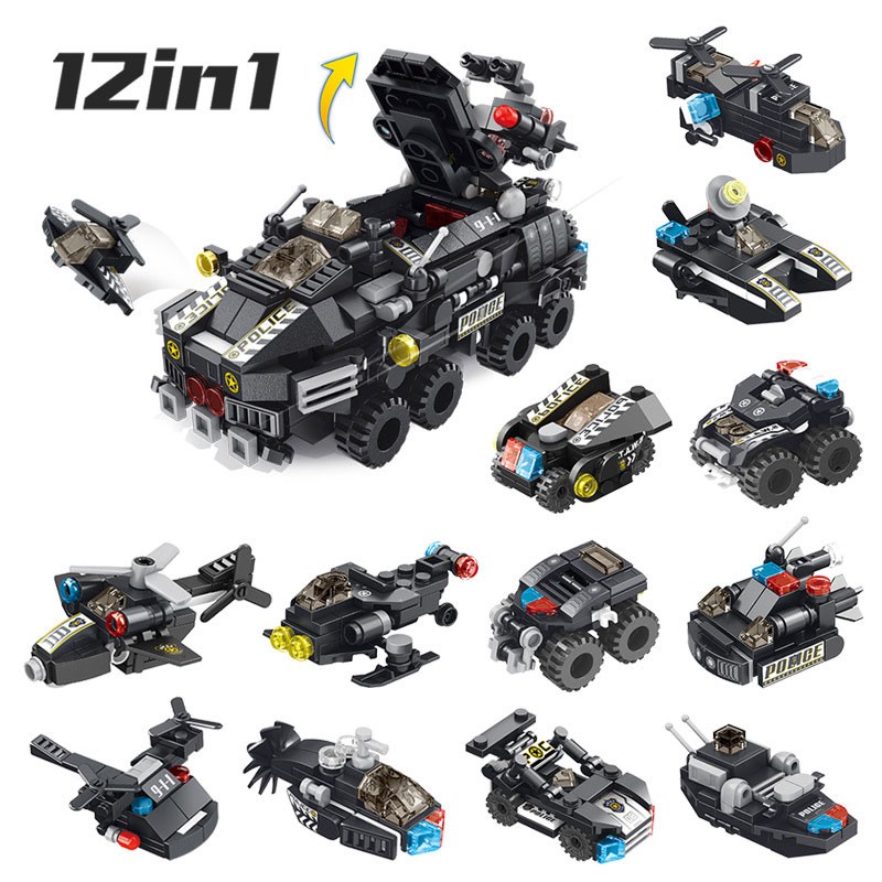 Đồ chơi lắp ráp trẻ em bằng nhựa ABS an toàn - Mẫu xe SWAT 12 trong 1 với gần 600 chi tiết