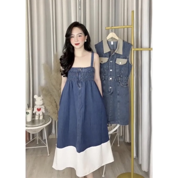 Váy maxi bò hai dây pha màu chun ngực