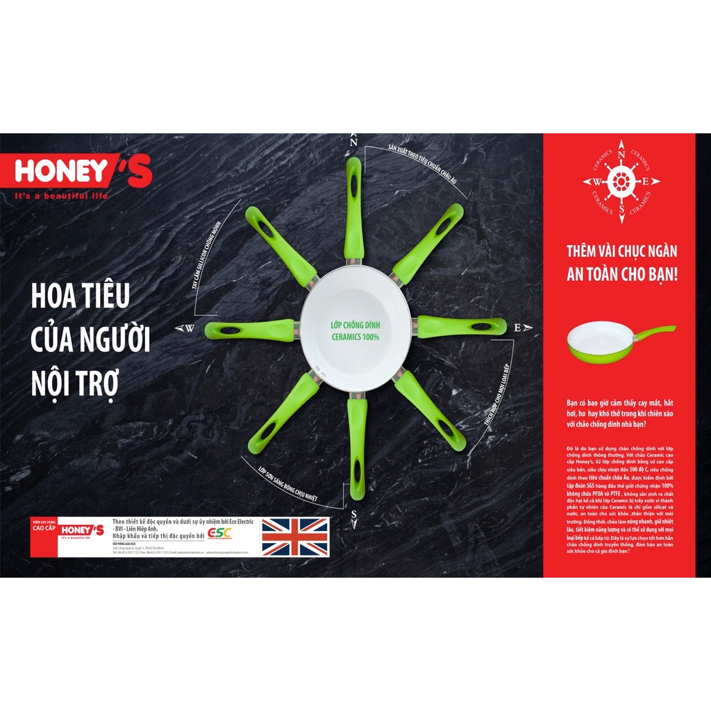 Chảo chống dính ceramic cao cấp Honey's size 22 cm - HO-AF1221 dùng được bếp từ, an toàn sức khỏe, bền, không bong tróc