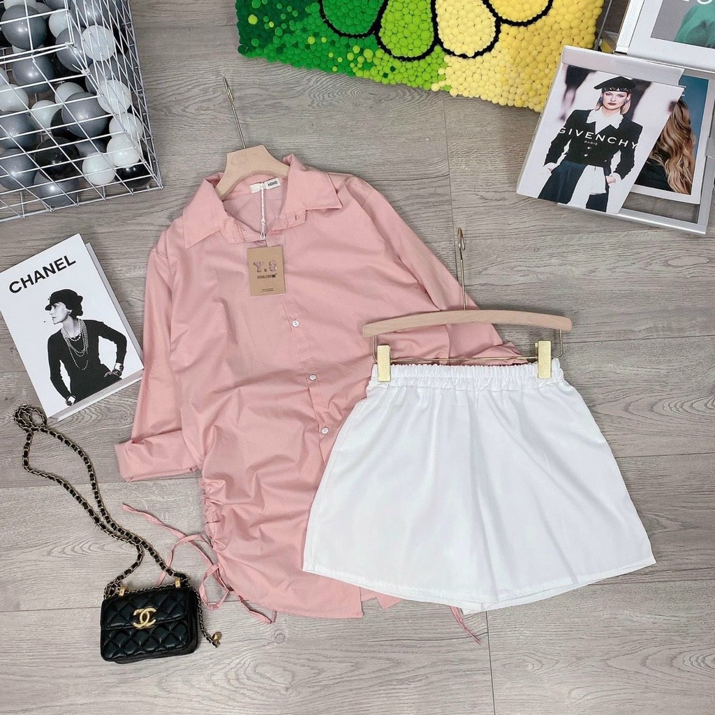 Sét bộ đùi nữ áo sơ mi from dài rút dây trẻ trung xinh xắn