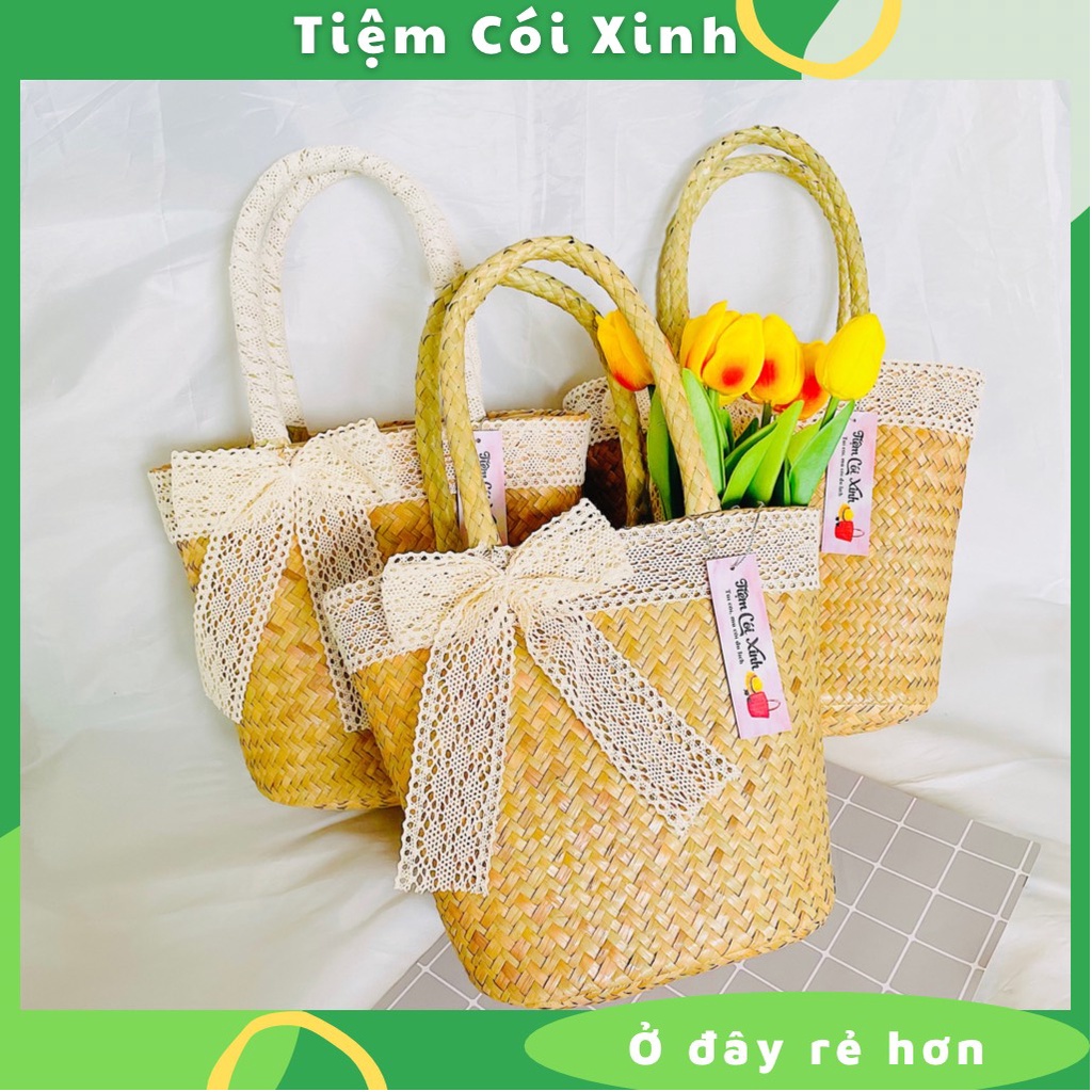 Túi Cói Đi Biển Cỏ Bàng Nơ Ren Vintage TIỆM CÓI XINH