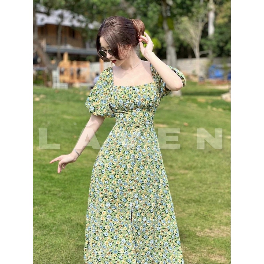 Váy đầm nữ maxi dáng xòe họa tiết hoa cổ vuông tay phồng | BigBuy360 - bigbuy360.vn