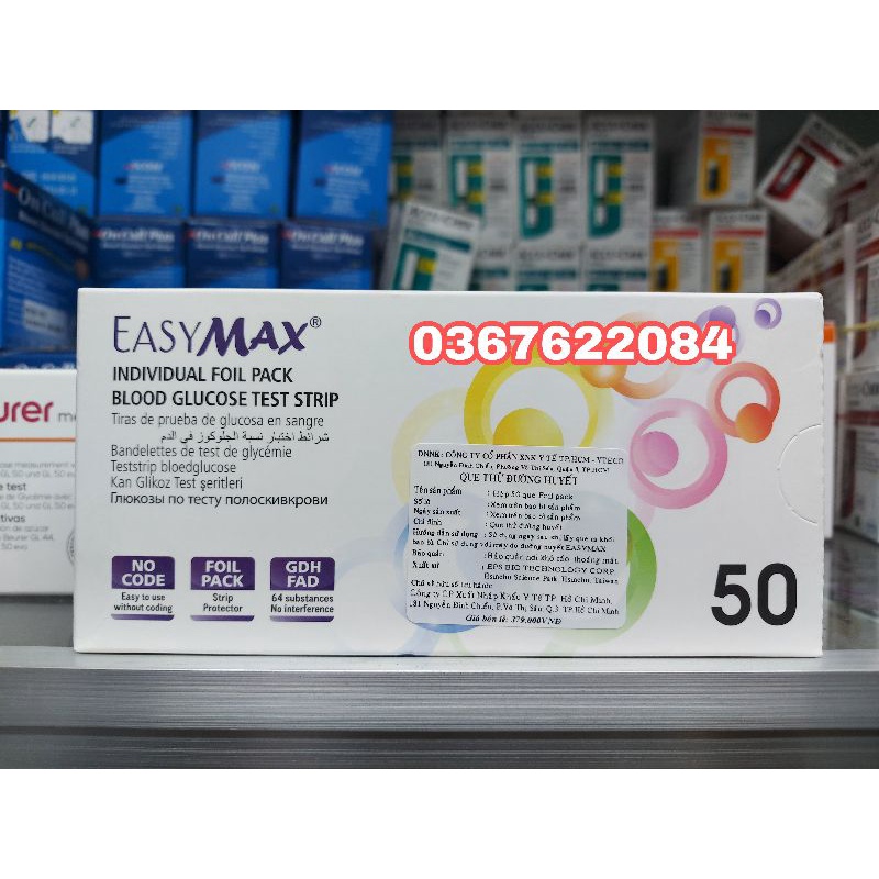 QUE RỜI TỪNG TEST - QUE THỬ ĐƯỜNG HUYẾT EASY MAX ( 1 HỘP 50 TEST RỜI )