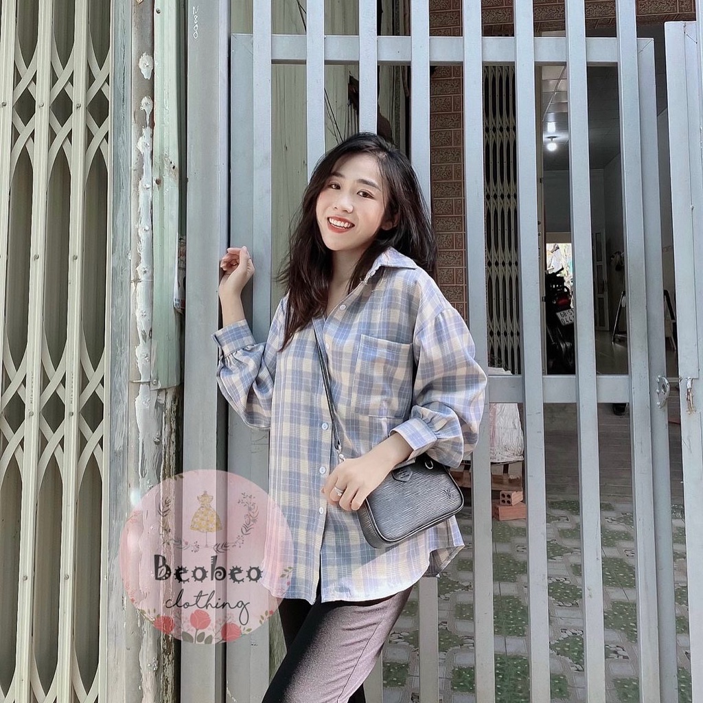 Set áo sơ mi caro pastel tay phồng kèm quần legging ulzzang