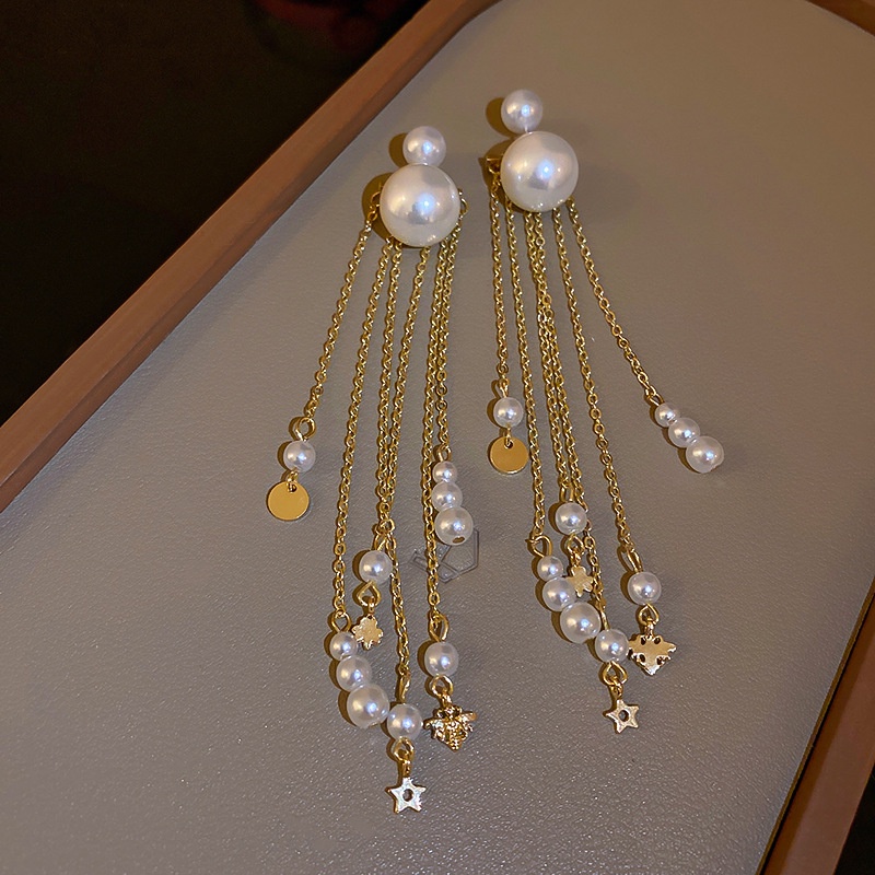 Bông Tai Bạc 925 Kiểu Dây Tua Dài Đính Ngọc Trai Thời Trang Sang Trọng