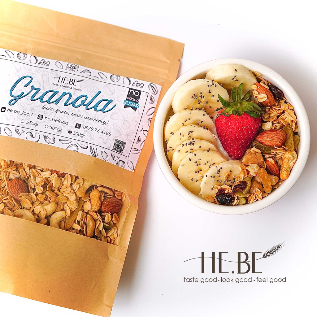 Granola KHÔNG NHO Ăn Kiêng HeBe Không Đường, Ngũ Cốc Giảm Cân Tự Nhiên