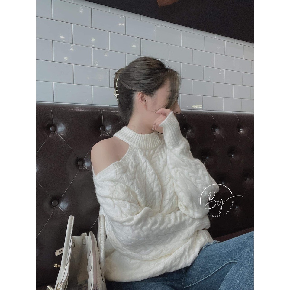 Áo len thừng nữ, áo len lệch vai tay dài form rộng chất len dày dặn mặc mịn phom dễ mặc tông màu trắng xinh Oanh Shop | BigBuy360 - bigbuy360.vn