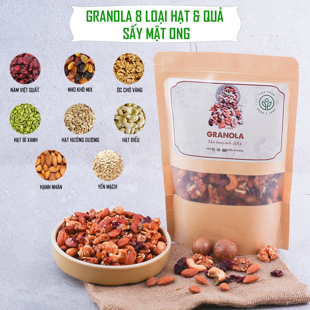 Granola ăn kiêng siêu hạt không yến mạch, Granola siêu hạt nướng mật ong eatclean healthy food - Tida Food