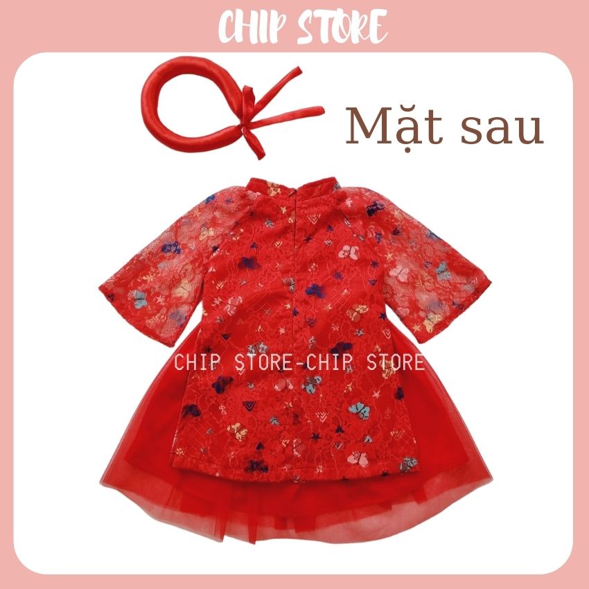 Áo dài mẹ bé cách tân CHIP STORE Thân áo ren đỏ cao cấp phối chân váy xòe bồng bềnh như công chúa