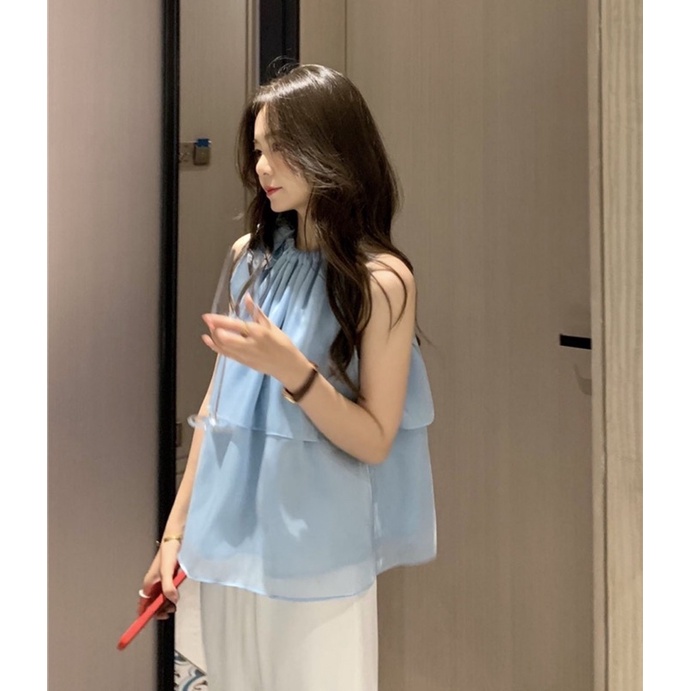 Áo babydoll cổ yếm thắt nơ voan tơ xếp tầng, Áo yếm điệu dáng xoè tiểu thư