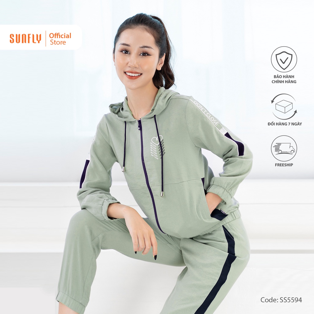 Bộ đồ mặc nhà nữ thể thao đũi SUNFLY kéo khóa có mũ áo dài quần dài SS5594