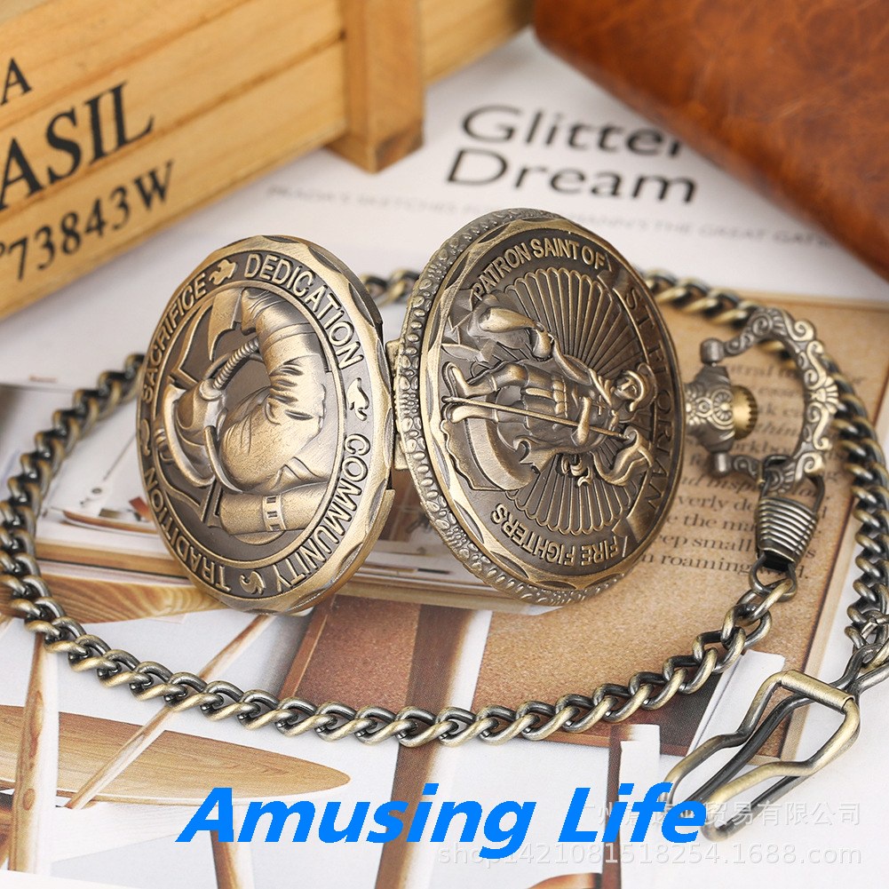 Quartz Pocket Watch Bán Buôn Bán Tại Chỗ Màu Xanh Lá Cây Lớn Lính Cứu Hỏa Bảo Vệ Thánh Florian Tưởng Niệm Đồng Hồ Bỏ Túi