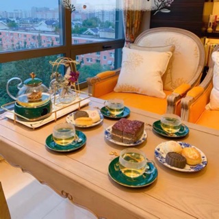 (Có sẵn)Bộ ấm chén thuỷ tinh tráng men sứ xanh cao cấp ( ảnh thật)
