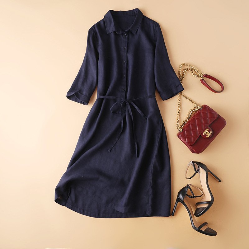 Váy sơ mi dáng dài qua gối, Đầm linen dáng suông phong cách vintage D161