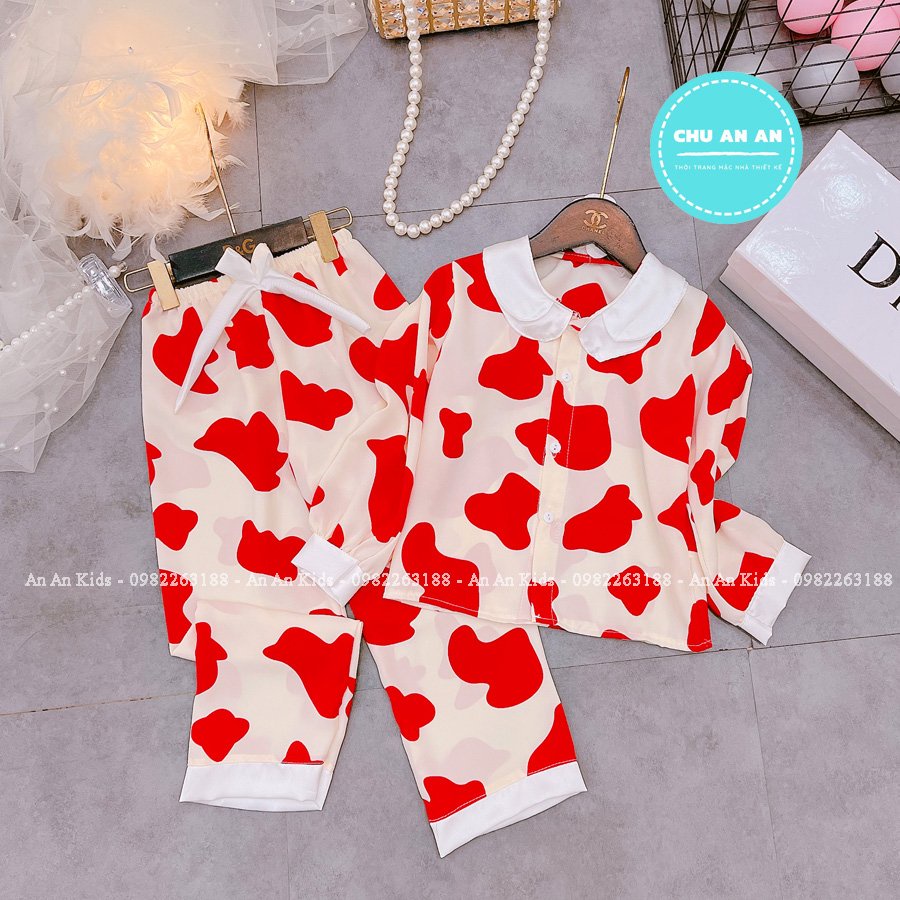 [ 16-41 KG ]  Set Bộ Mặc Nhà Pijama Lụa Cao Cấp Cho Bé Gái - Pijama Lụa Cổ Sen Phối Nơ Cho Bé Yêu