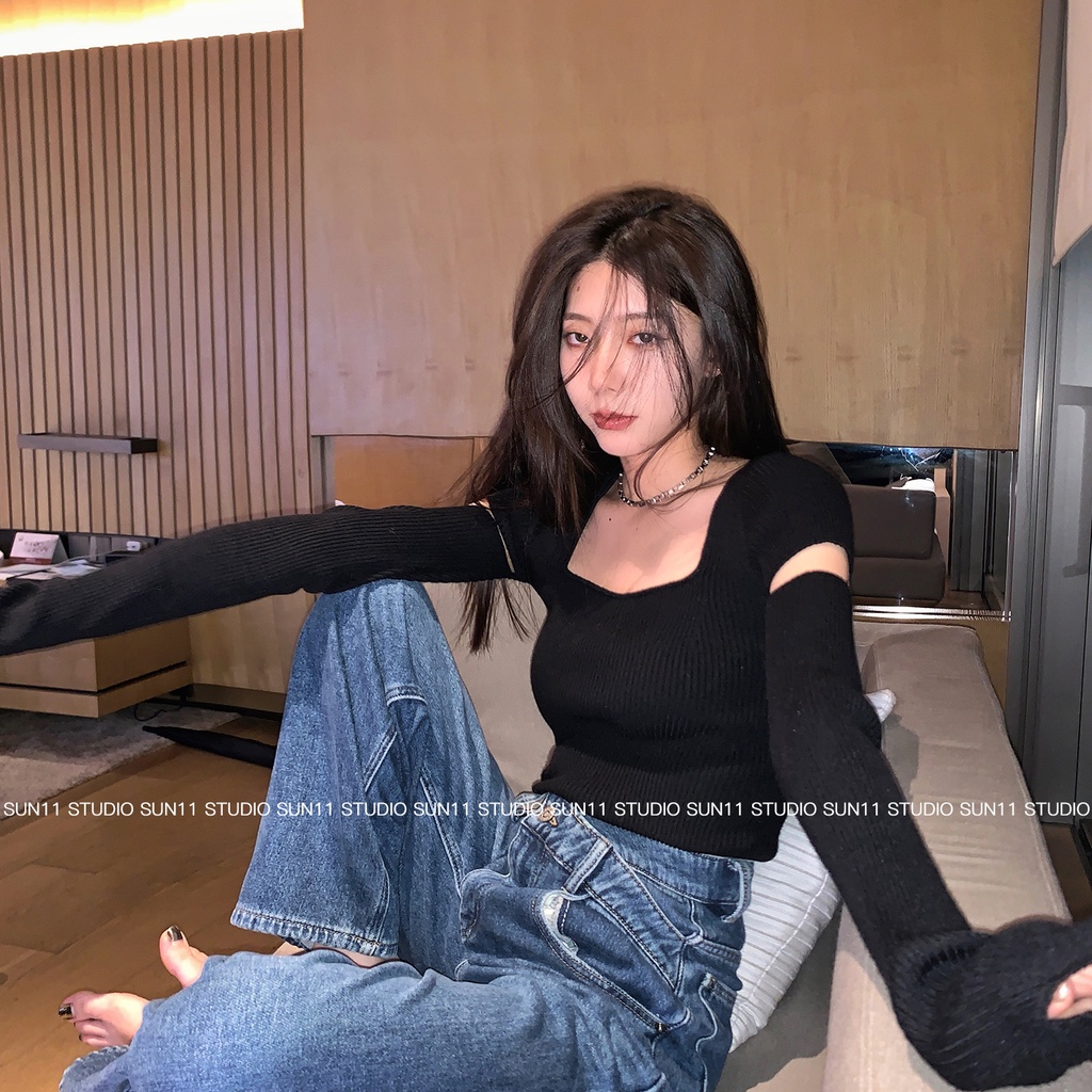 Áo dệt kim SUXI tay dài ôm dáng thời trang quyến rũ cho nữ