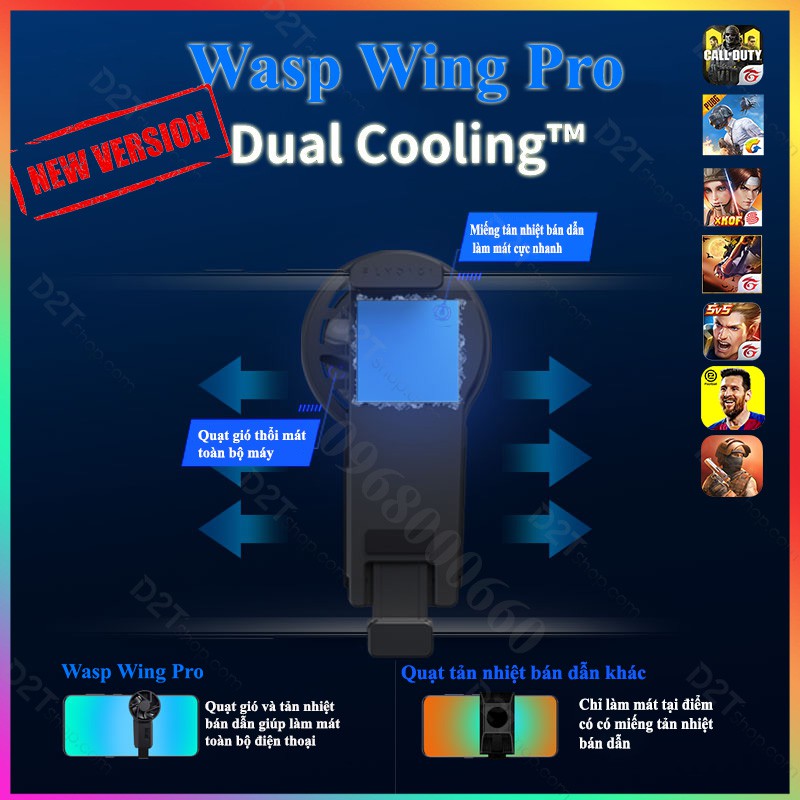 [PHIÊN BẢN MỚI] Flydigi Wasp Wing Pro |Quạt tản nhiệt kết hợp sò lạnh quạt khí, siêu mát, LED RGB siêu ngầu