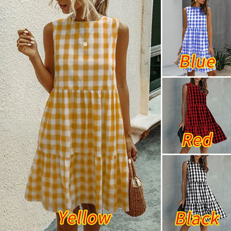 Đầm ZANZEA không tay cổ tròn họa tiết caro nhún bèo dáng rộng dành cho nữ