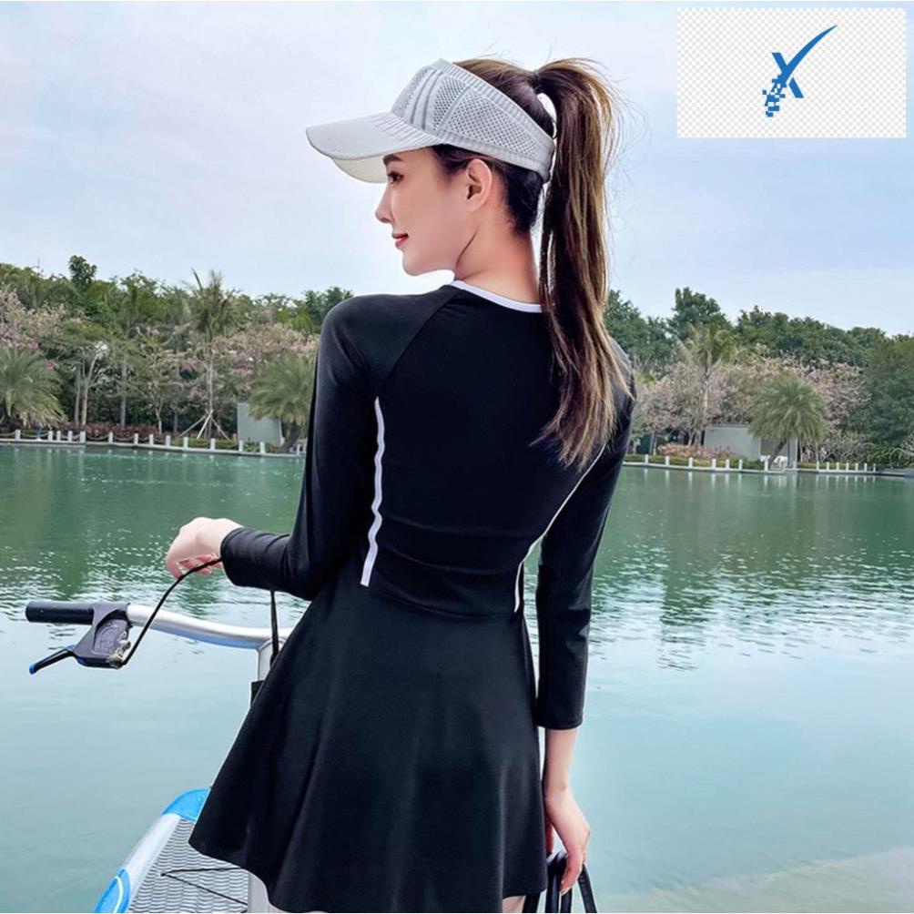 🤾👷 Bộ đồ bơi bikini nữ hai mảnh kín đáo đi tắm biển giấu bụng áo cộc tay kèm quần dạng váy 🤾👷