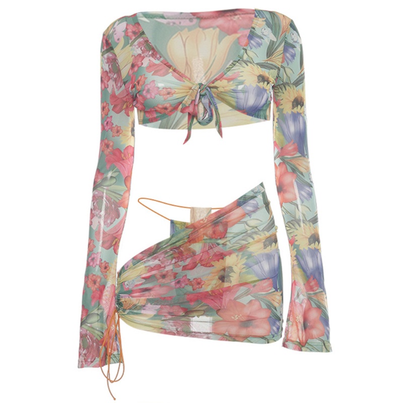 Bikini đi biển Đồ Bơi Bộ 3 set Phụ nữ Floral Mesh Dài Tay Thắt Nút Knot Crop Top với Thong Bên Dây Rút Ruched Đồ Đi Biển