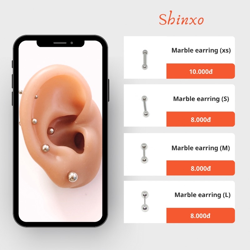 Khuyên xỏ bi 2 đầu thép ý tế không gỉ không dị ứng