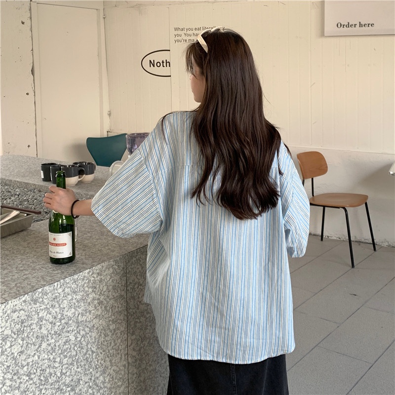 Áo Sơ Mi Tay Ngắn Họa Tiết Sọc Thời Trang Phong Cách vintage Cho Nữ