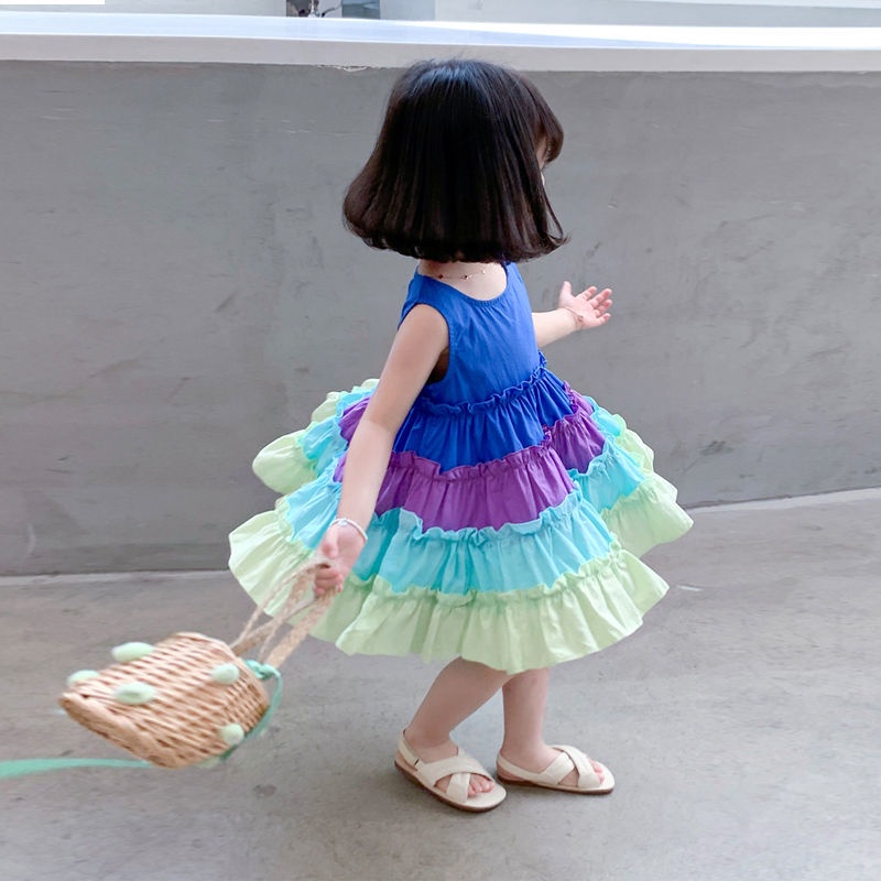 Đầm Công Chúa Không Tay Màu Cầu Vồng Thời Trang Mùa Hè Hàn Quốc Mới 2022