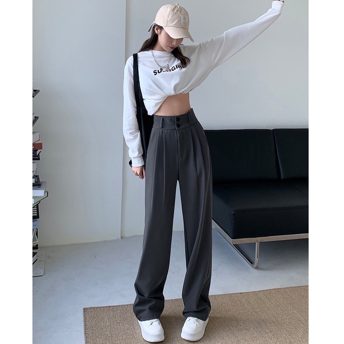 Quần dài ZHELIHANGFEI ống rộng lưng cao màu đen thời trang cao cấp cho nữ