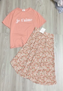 Set áo hồng + chân váy hoa