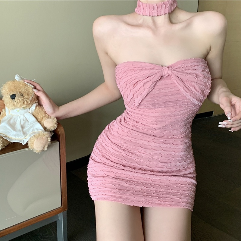 Đầm Ống Chữ A Lưng Cao Cổ Thắt Nơ Màu Hồng Đào Ngọt Ngào Phong Cách Trung Hoa Mới Cho Nữ