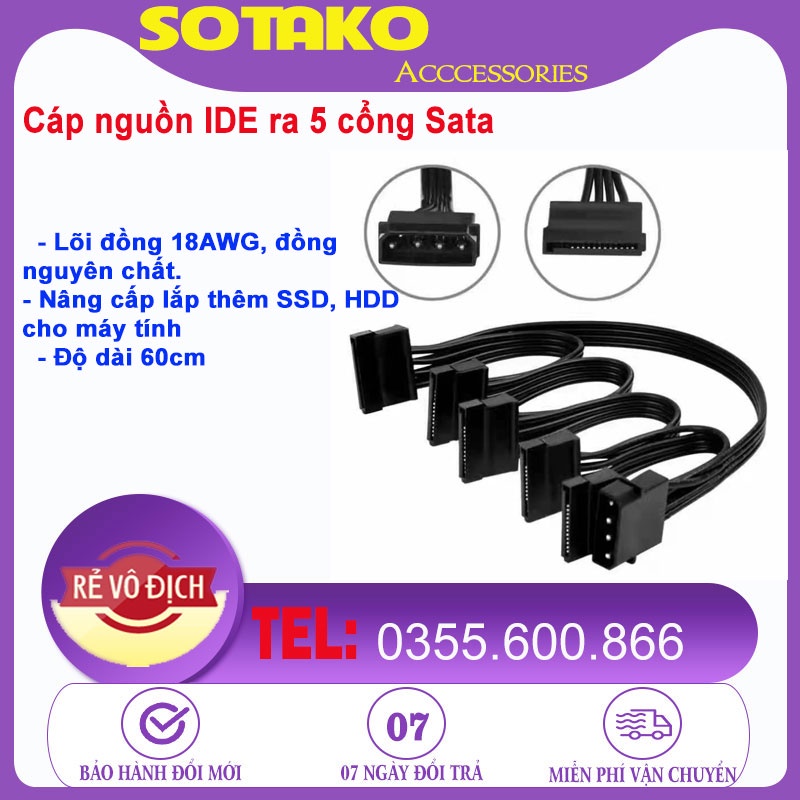 Cáp chia nguồn ổ cứng IDE ra 5 cổng Sata, cấp nguồn cho HDD, SDD, máy tính gắn thêm ổ cứng.
