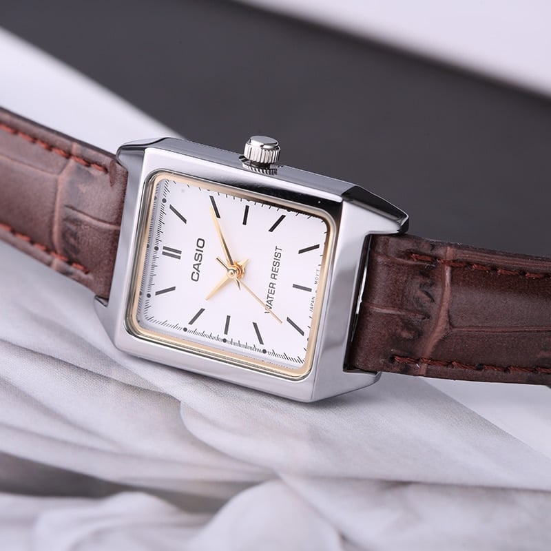 Đồng hồ Nữ Casio LTP-V007L-7E2, đồng hồ chính hãng, dây da nâu mặt trắng chỉ vàng